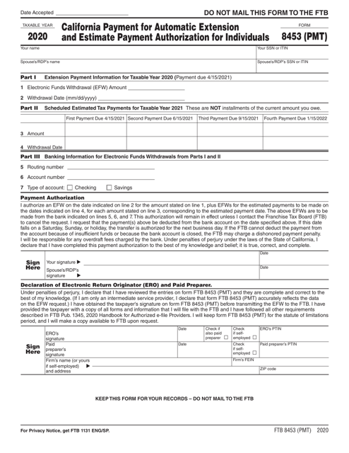 Form FTB8453 (PMT) 2020 Printable Pdf