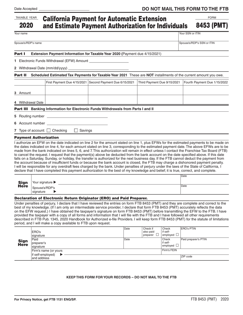 Form FTB8453 (PMT) California Payment for Automatic Extension and Estimate Payment Authorization for Individuals - California, Page 1