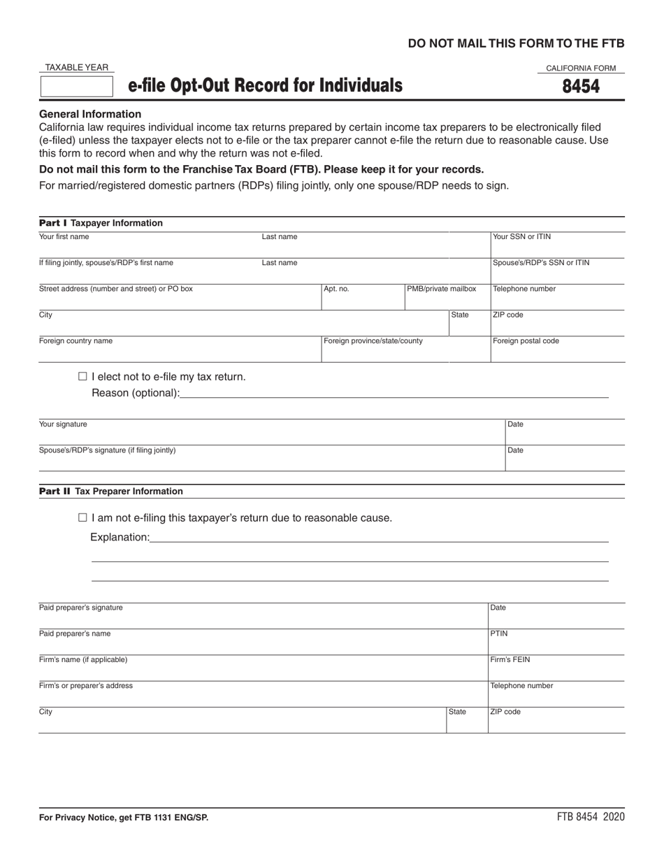 Form FTB8454 E-File Opt-Out Record for Individuals - California, Page 1
