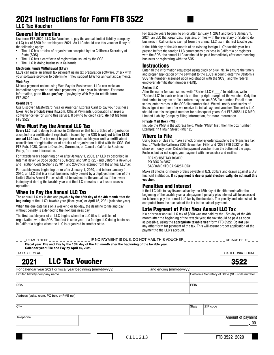 Form FTB3522 LLC Tax Voucher - California, Page 1