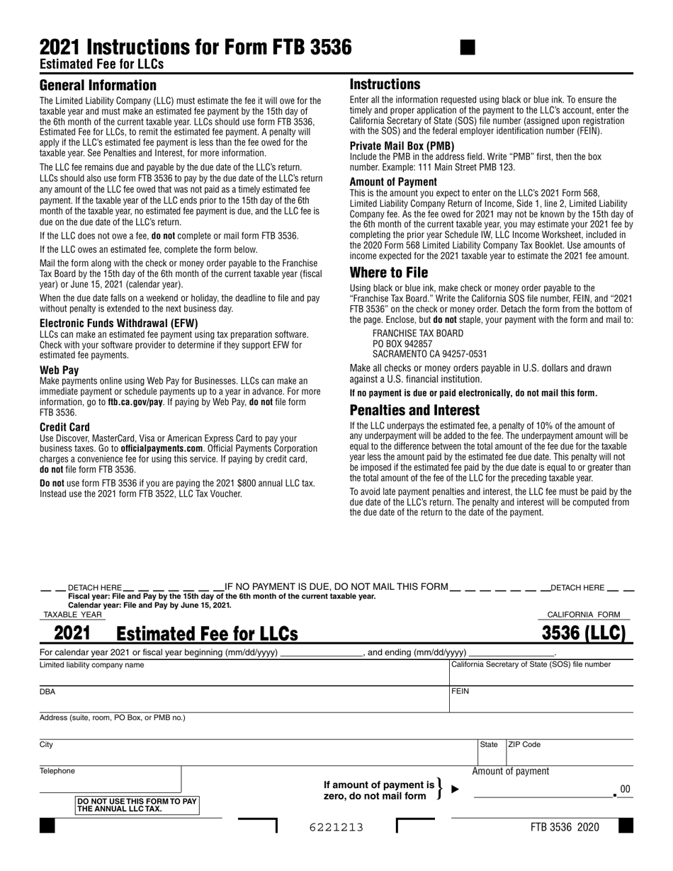 Form FTB3536 Estimated Fee for Llcs - California, Page 1