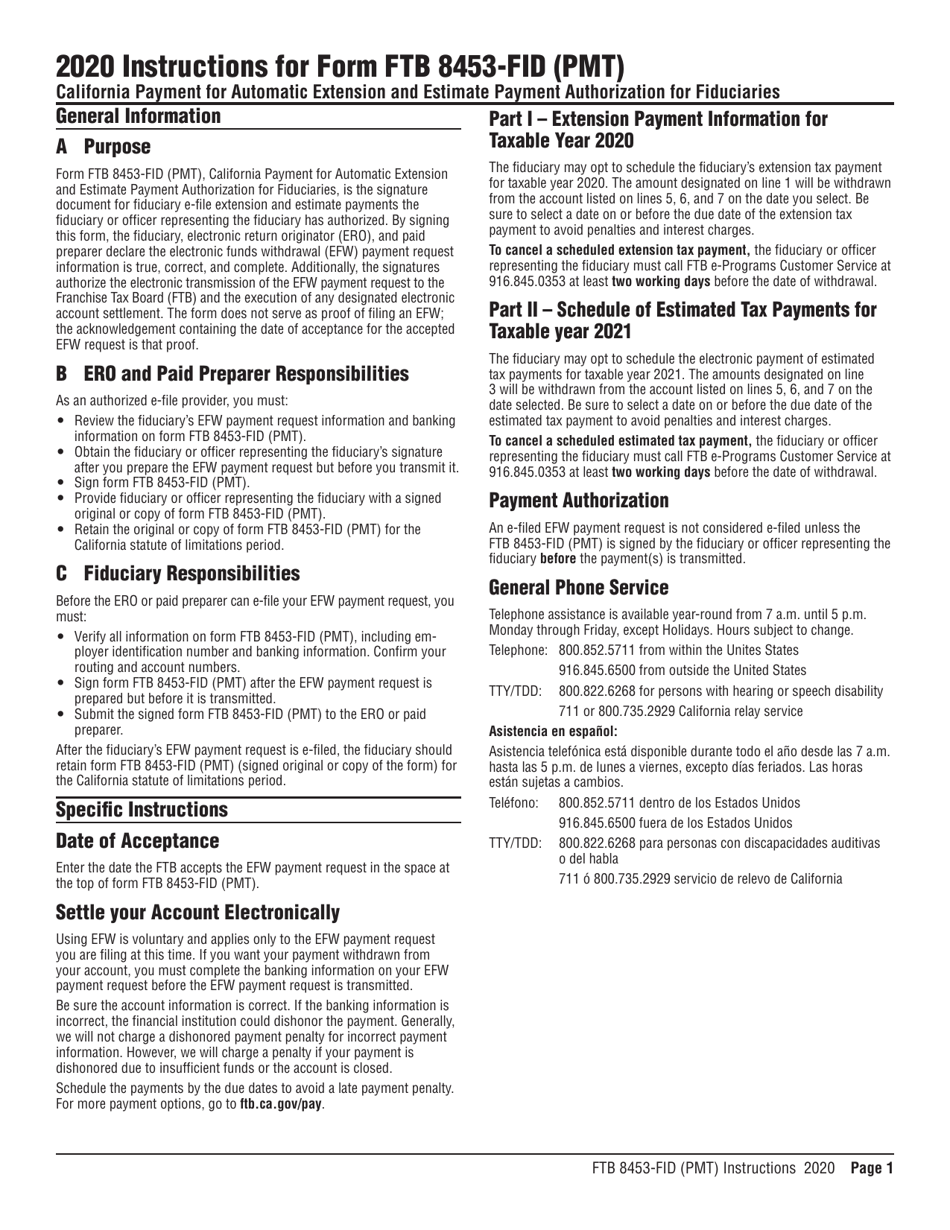 Instructions for Form FTB8453-FID (PMT) California Payment for Automatic Extension and Estimate Payment Authorization for Fiduciaries - California, Page 1