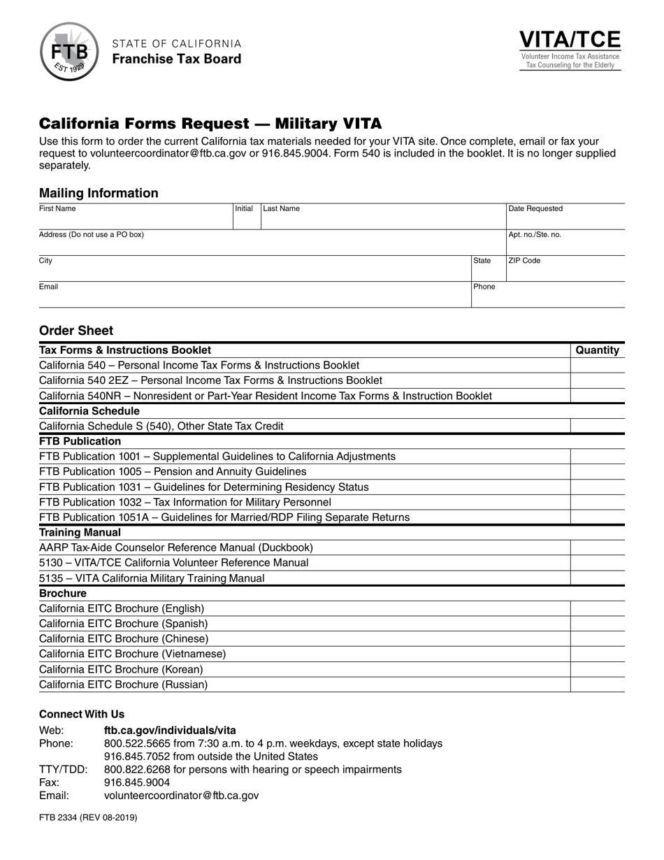 Form FTB2334 California Forms Request - Military Vita - California, Page 1