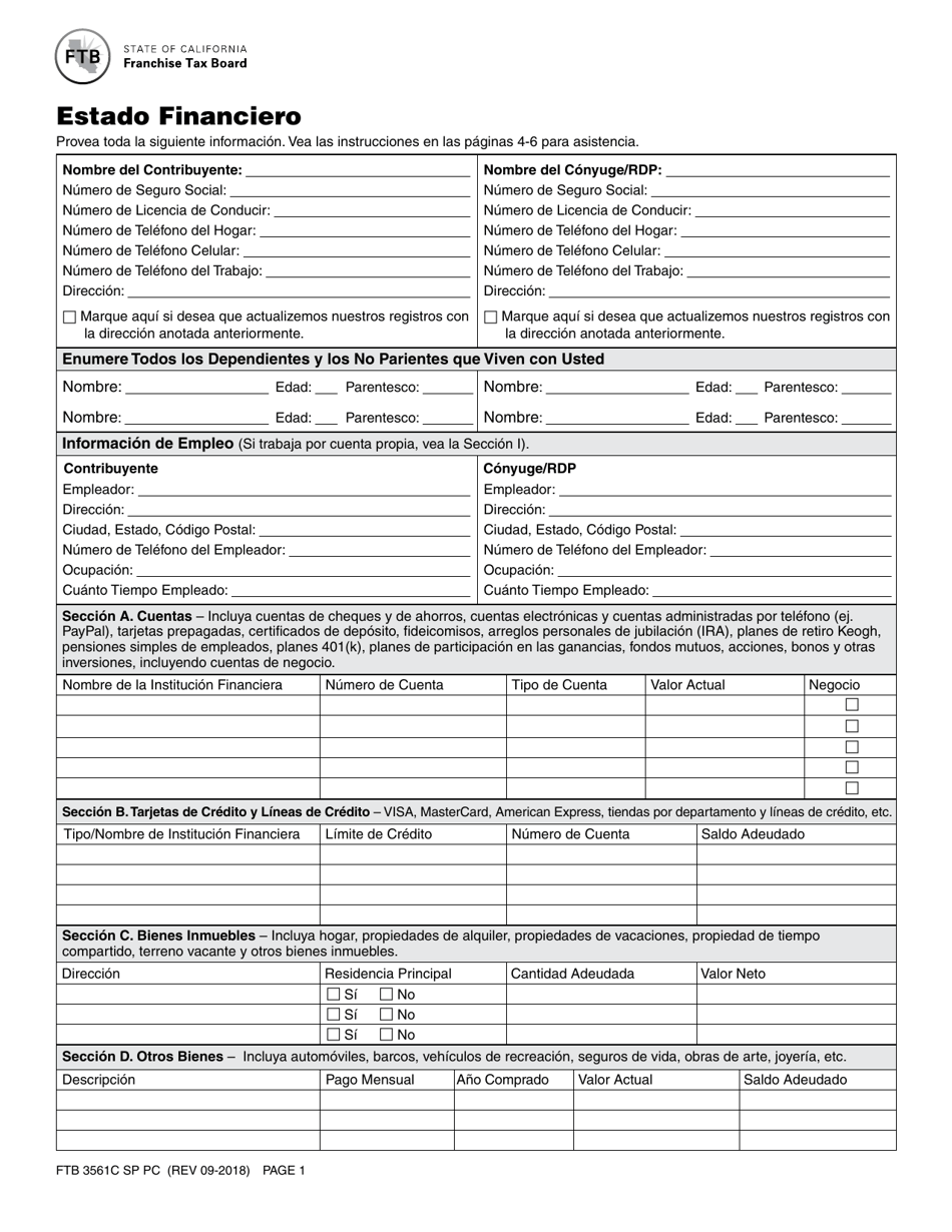 Formulario FTB3561C SP PC Estado Financiero - California (Spanish), Page 1