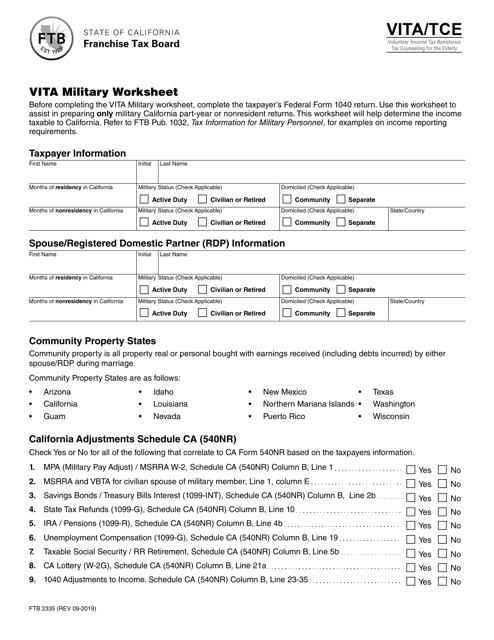 Form FTB2335 Vita Military Worksheet - California