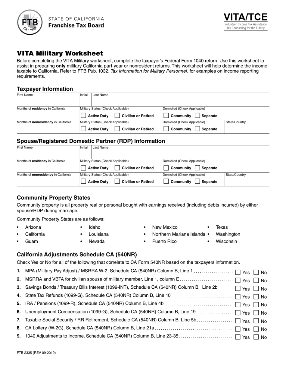 Form FTB2335 Vita Military Worksheet - California, Page 1
