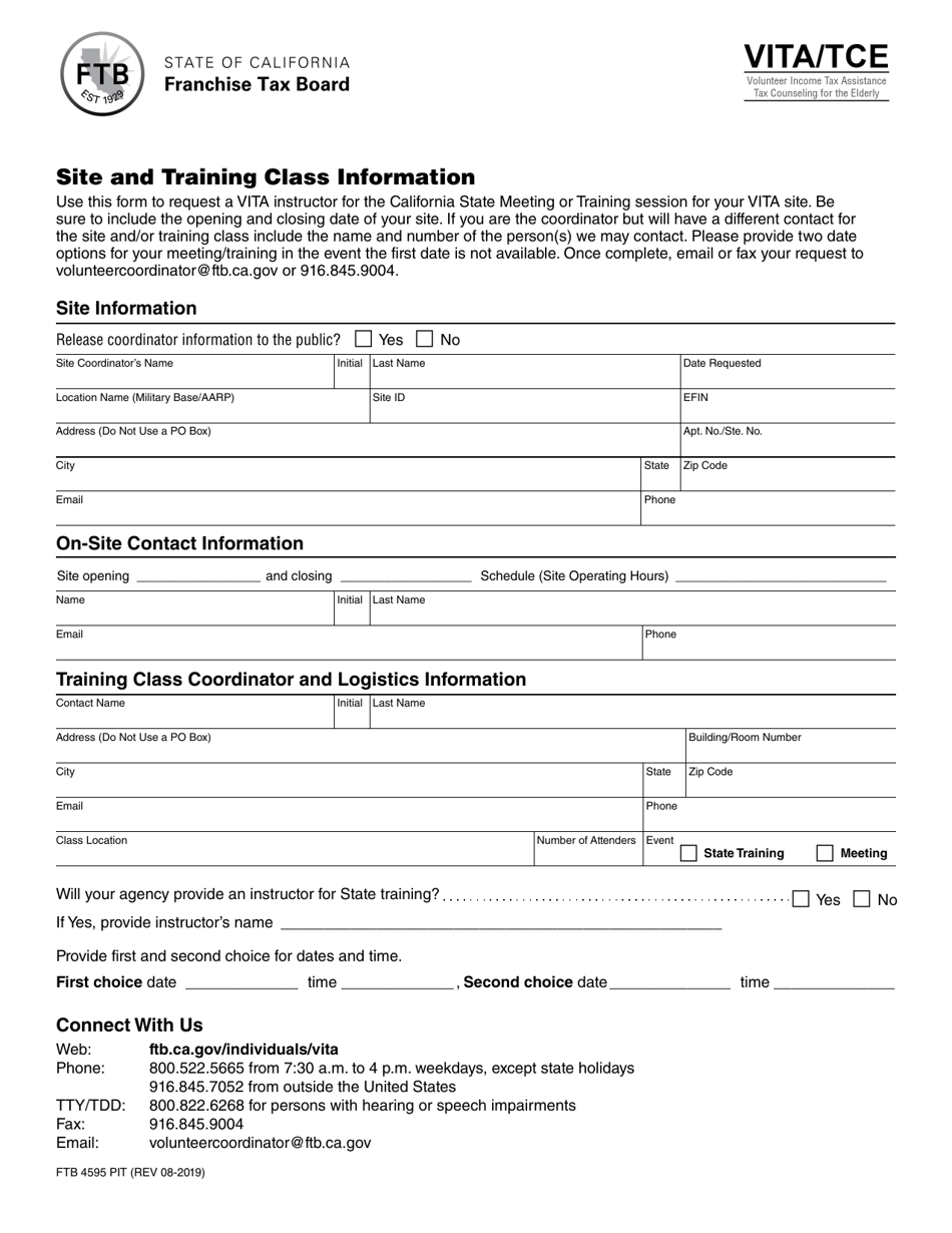 Form FTB4595 PIT Site and Training Class Information - Vita / Tce - California, Page 1