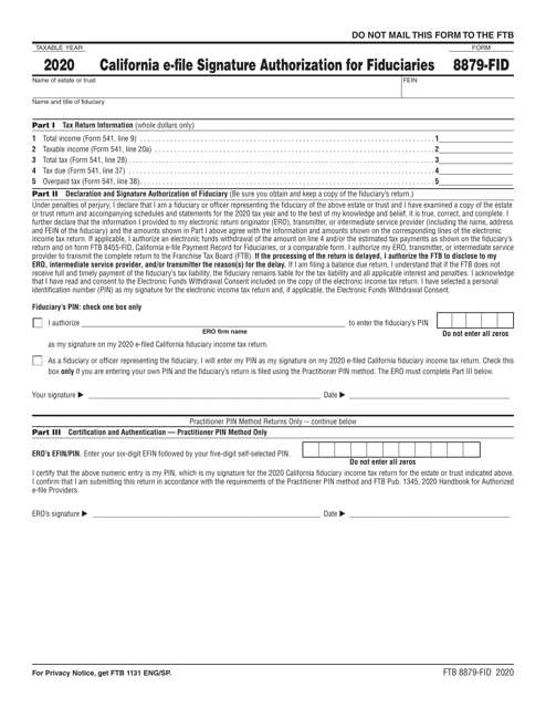 Form FTB8879-FID 2020 Printable Pdf