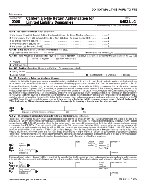 Form FTB8453-LLC California E-File Return Authorization for Limited Liability Companies - California, 2020