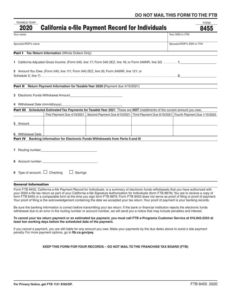 Form FTB8455 California E-File Payment Record for Individuals - California, Page 1