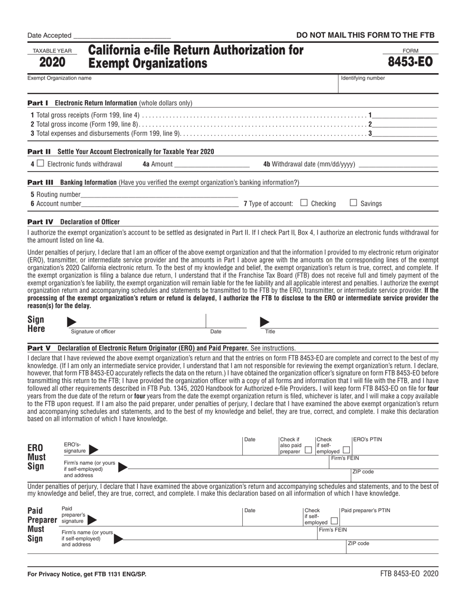 Form FTB8453-EO California E-File Return Authorization for Exempt Organizations - California, Page 1