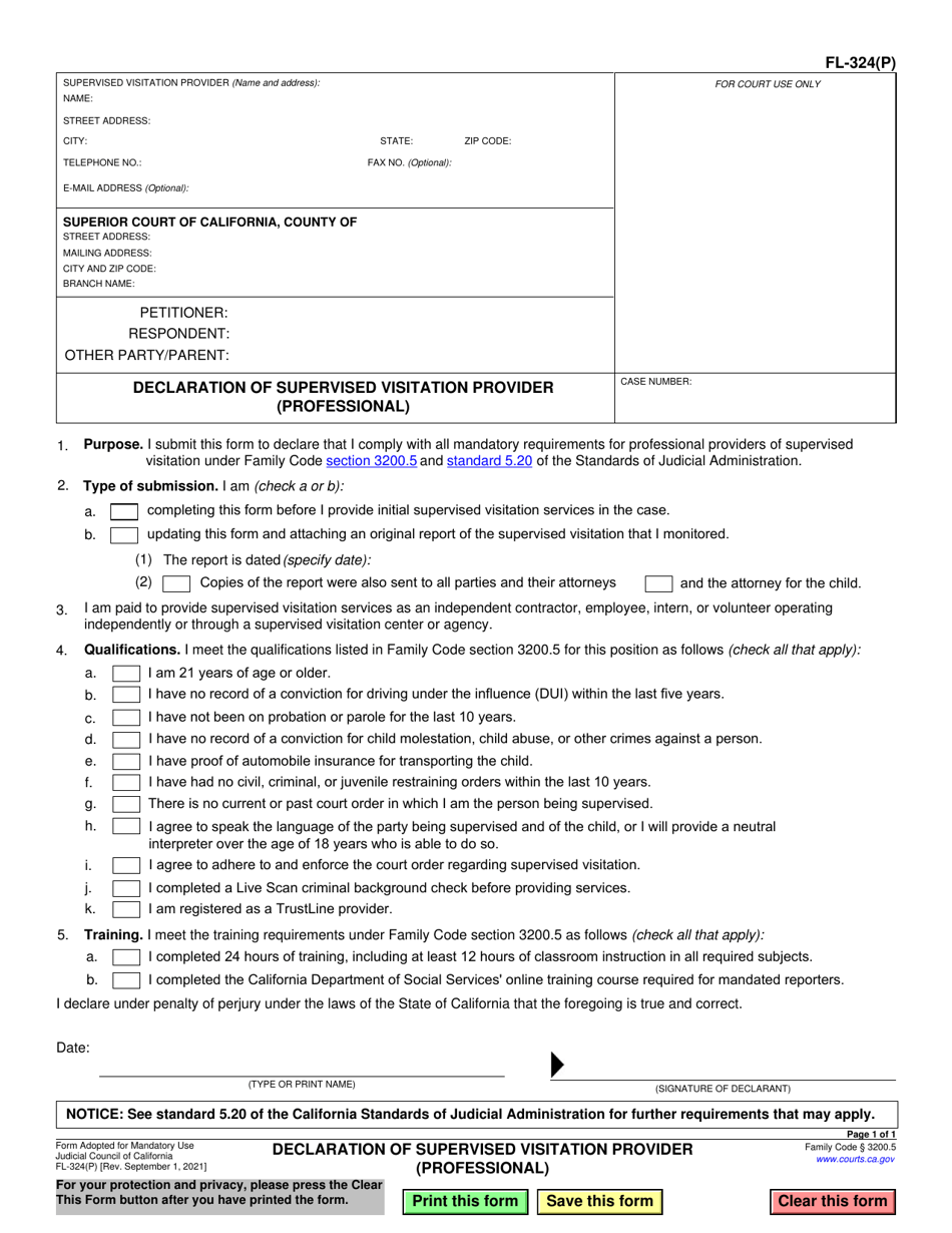 Form FL-324(P) Declaration of Supervised Visitation Provider (Professional) - California, Page 1