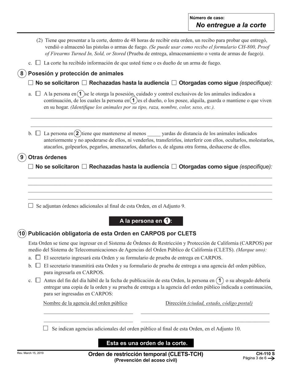Formulario CH-110 Orden De Restriccion Temporal - California (Spanish), Page 3