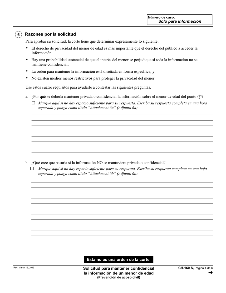 Formulario CH-160 Solicitud Para Mantener Confidencial La Informacion De Un Menor De Edad - California (Spanish), Page 4