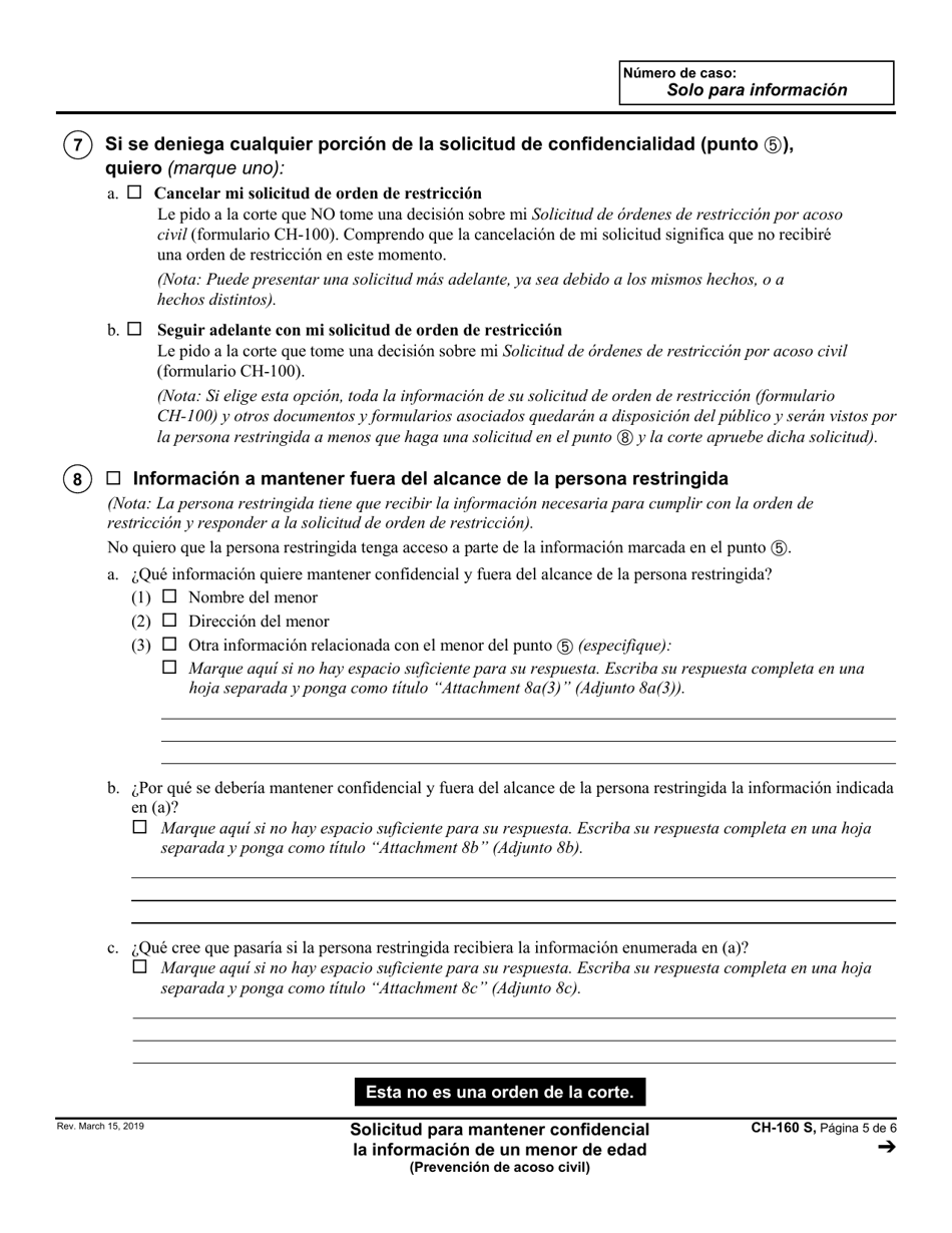 Formulario CH-160 Solicitud Para Mantener Confidencial La Informacion De Un Menor De Edad - California (Spanish), Page 5