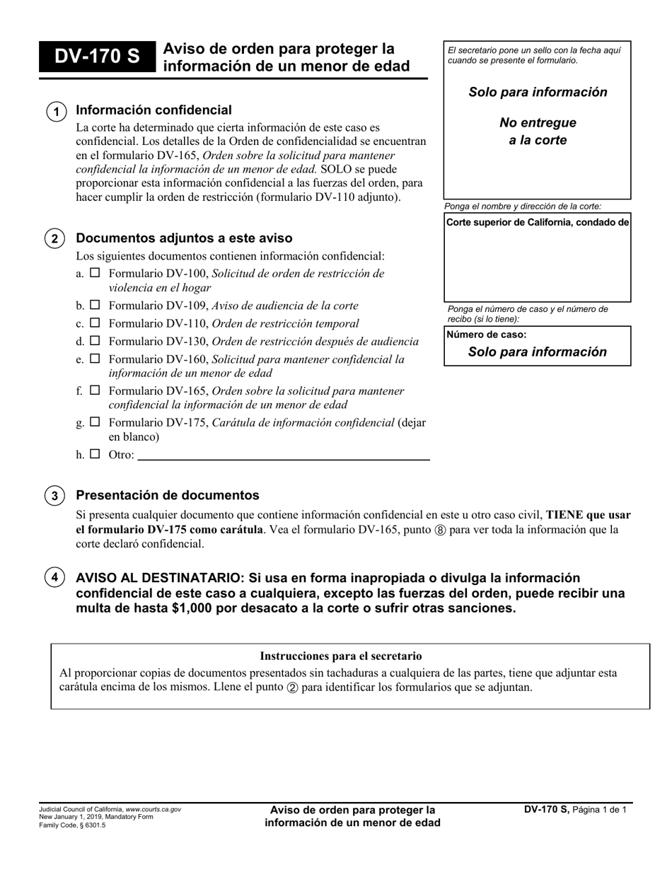 Formulario DV-170 Aviso De Orden Para Proteger La Informacion De Un Menor De Edad - California (Spanish), Page 1