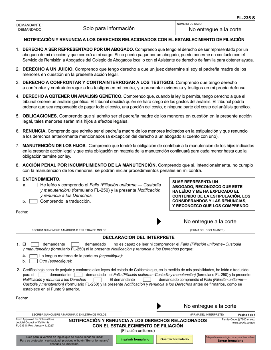 Formulario FL-235 Notificacion Y Renuncia a Los Derechos Relacionados Con El Establecimiento De Filiacion - California (Spanish), Page 1