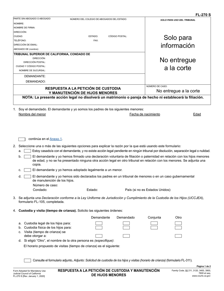 Formulario FL-270 Respuesta a La Peticion De Custodia Y Manutencion De Hijos Menores - California (Spanish), Page 1