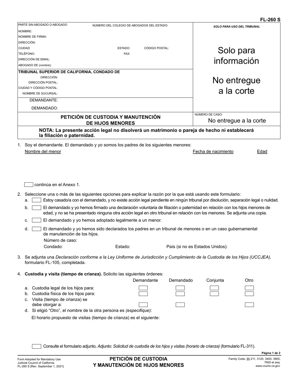 Formulario FL-260 Peticion De Custodia Y Manutencion De Hijos Menores - California (Spanish), Page 1
