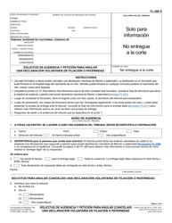 Document preview: Formulario FL-280 Solicitud De Audiencia Y Peticion Para Anular Una Declaracion Voluntaria De Filiacion O Paternidad - California (Spanish)