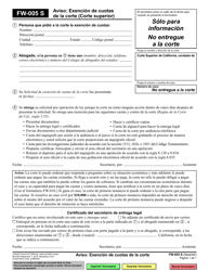 Document preview: Formulario FW-005 Aviso: Exencion De Cuotas De La Corte (Corte Superior) - California (Spanish)