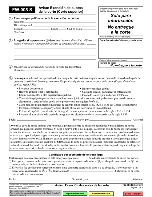 Formulario FW-005 Aviso: Exencion De Cuotas De La Corte (Corte Superior) - California (Spanish)