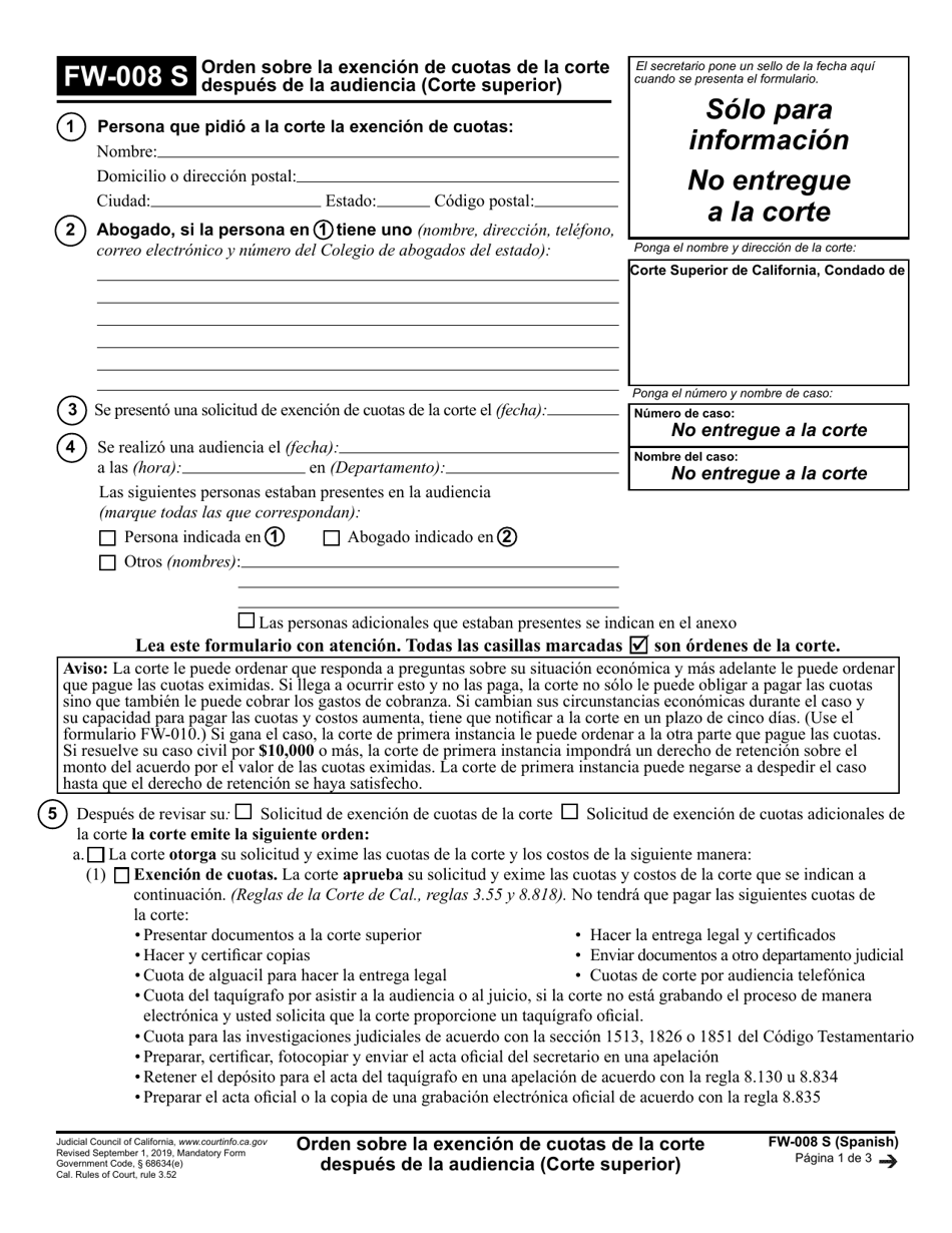 Formulario FW-008 Orden Sobre La Exencion De Cuotas De La Corte Despues De La Audiencia (Corte Superior) - California (Spanish), Page 1