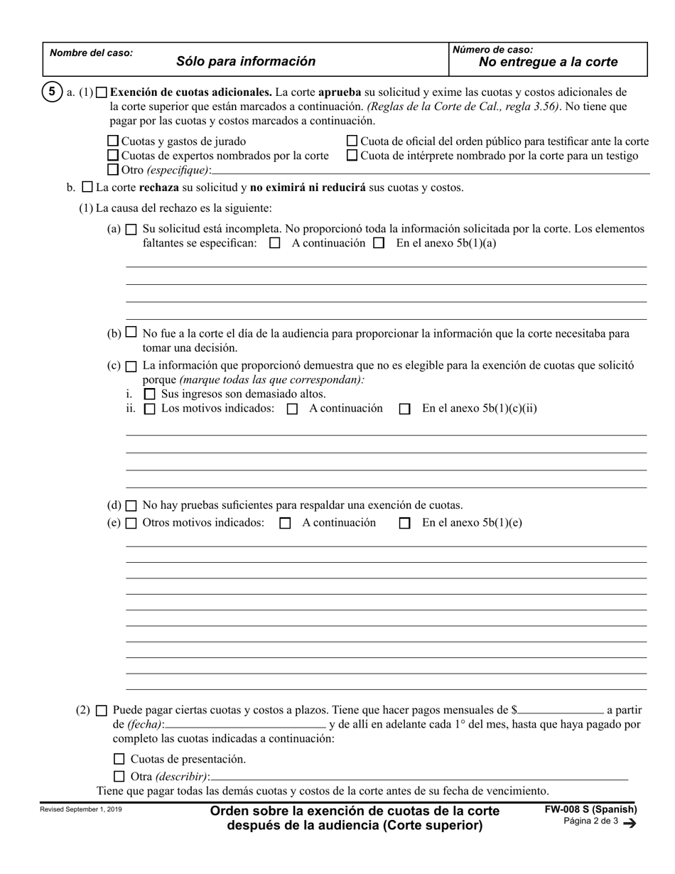 Formulario FW-008 Orden Sobre La Exencion De Cuotas De La Corte Despues De La Audiencia (Corte Superior) - California (Spanish), Page 2