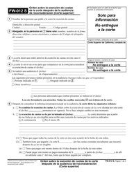 Document preview: Formulario FW-012 Orden Sobre La Exencion De Cuotas De La Corte Despues De La Audiencia De Reconsideracion (Corte Superior) - California (Spanish)