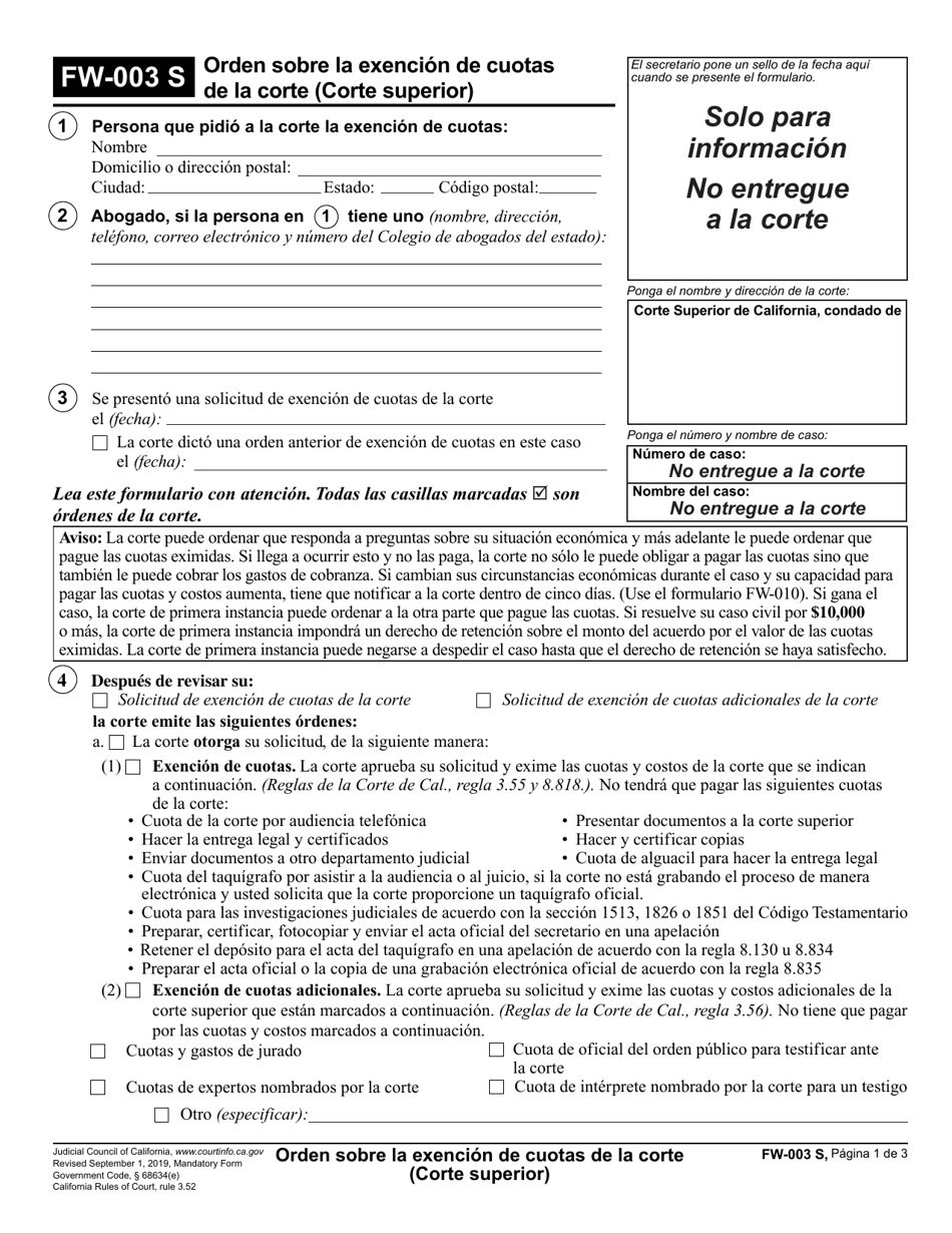 Formulario FW-003 Orden Sobre La Exencion De Cuotas De La Corte (Corte Superior) - California (Spanish), Page 1