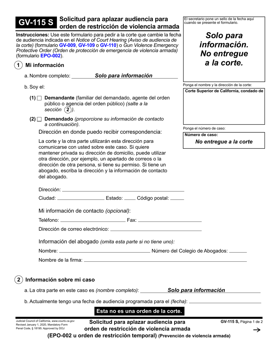 Formulario GV-115 Solicitud Para Aplazar Audiencia Para Orden De Restriccion De Violencia Armada - California (Spanish), Page 1