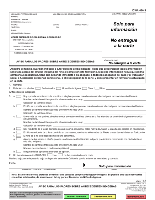 Formulario ICWA-020  Printable Pdf