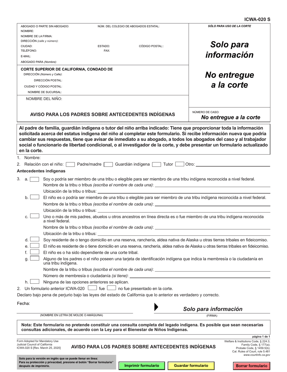 Formulario ICWA-020 Aviso Para Los Padres Sobre Antecedentes Indigenas - California (Spanish), Page 1