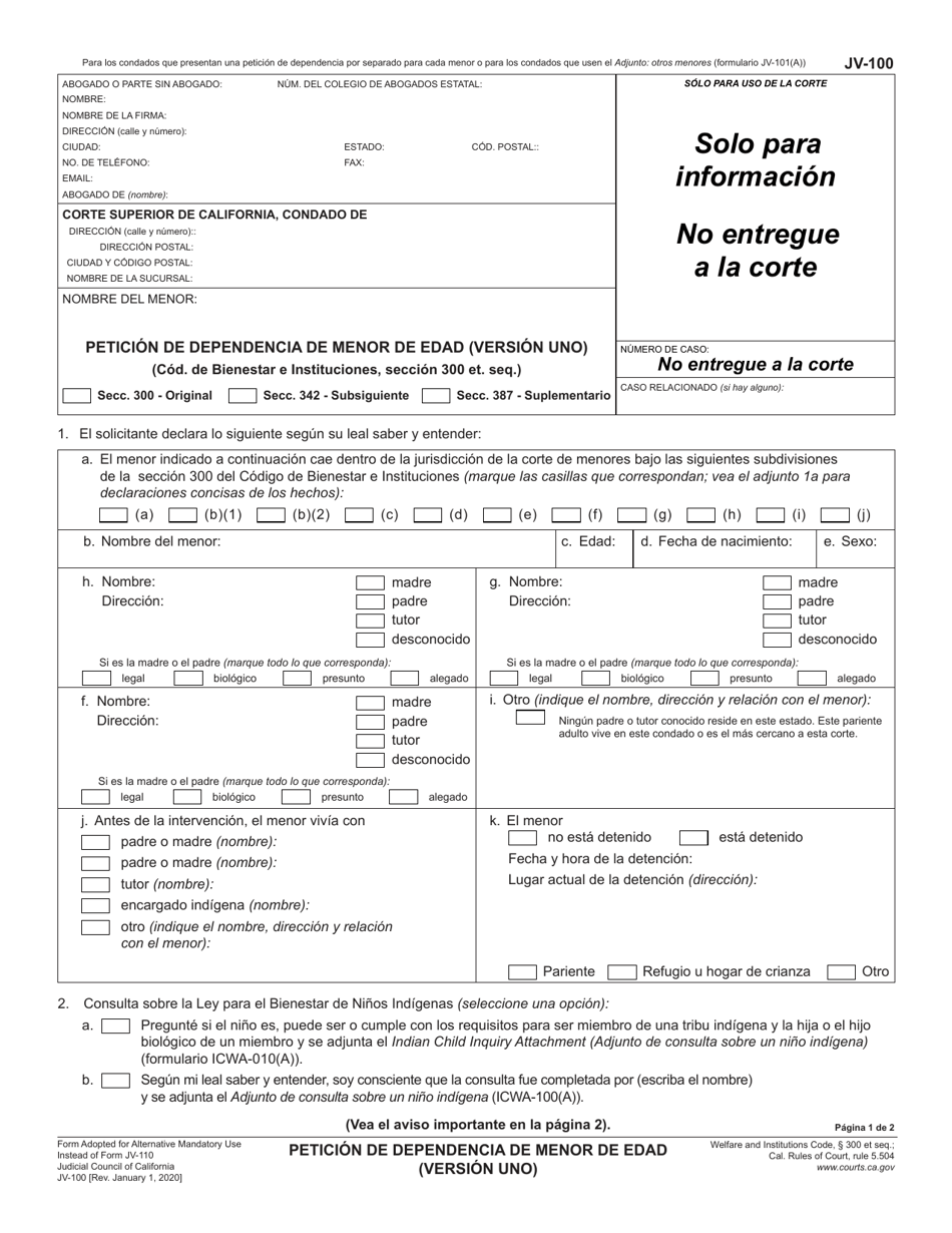 Formulario JV-100 Peticion De Dependencia De Menor De Edad (Version Uno) - California (Spanish), Page 1