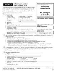 Document preview: Formulario JV-180 Solicitud Para Cambiar Una Orden De La Corte - California (Spanish)