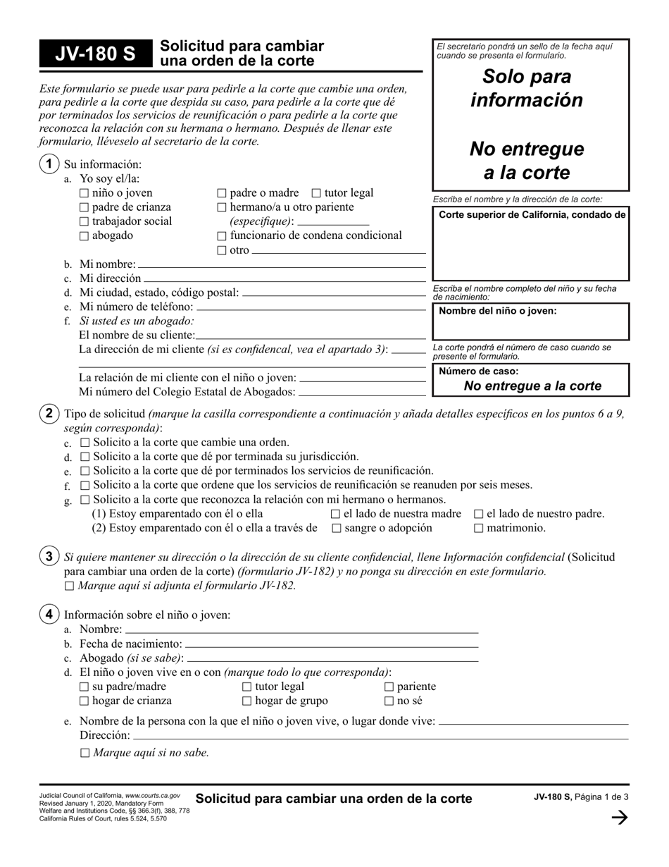 Formulario JV-180 Solicitud Para Cambiar Una Orden De La Corte - California (Spanish), Page 1