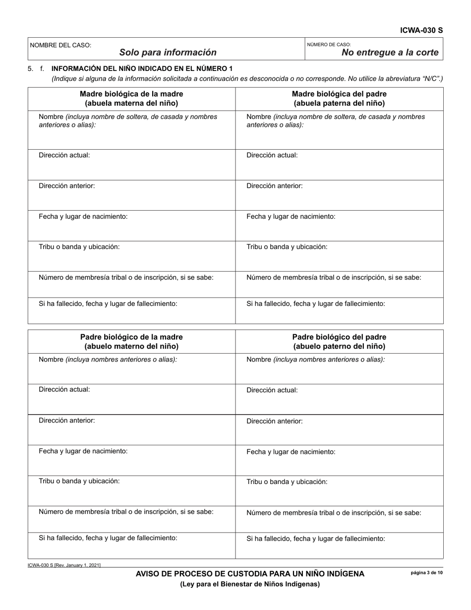 Formulario ICWA-030 Aviso De Proceso De Custodia Para Un Nino Indigena - California (Spanish), Page 3