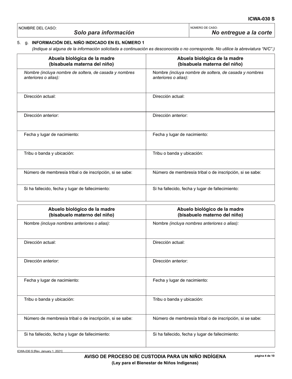 Formulario ICWA-030 Aviso De Proceso De Custodia Para Un Nino Indigena - California (Spanish), Page 4