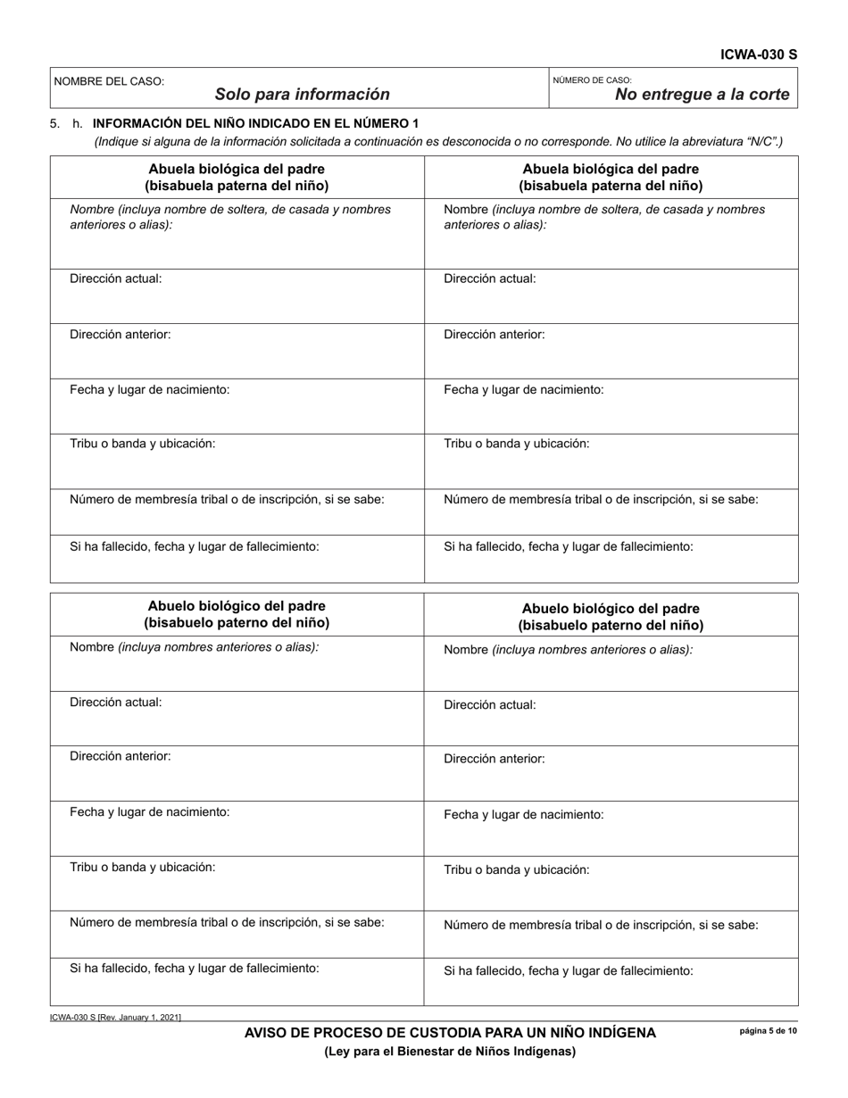 Formulario ICWA-030 Aviso De Proceso De Custodia Para Un Nino Indigena - California (Spanish), Page 5