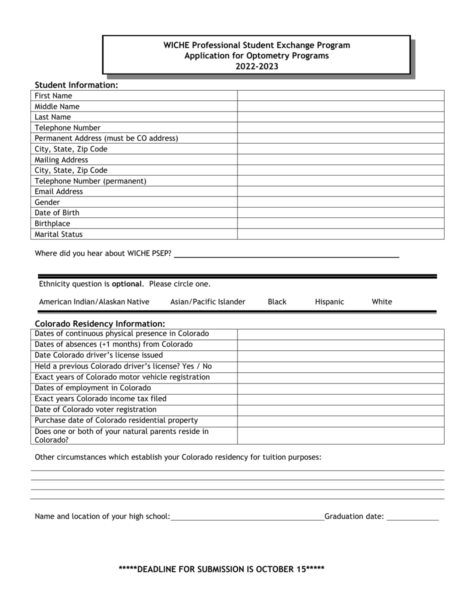 Application for Optometry Programs - Wiche Professional Student Exchange Program - Colorado, Page 1