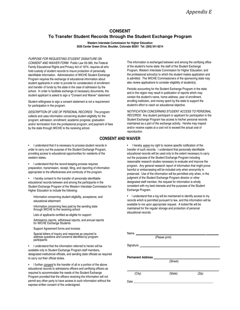Appendix E Consent to Transfer Student Records Through the Student Exchange Program - Colorado, Page 1