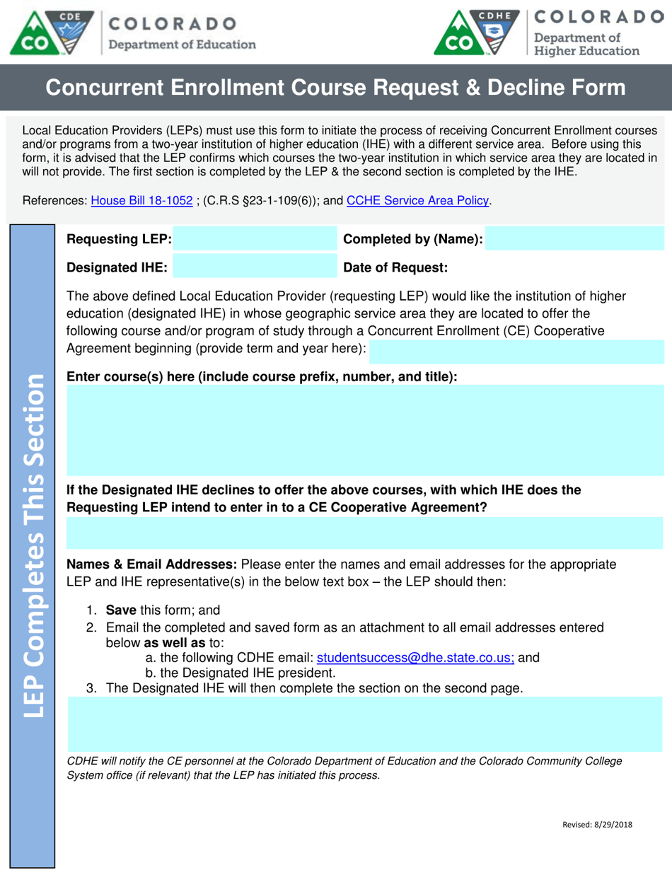 Concurrent Enrollment Course Request  Decline Form - Colorado, Page 1