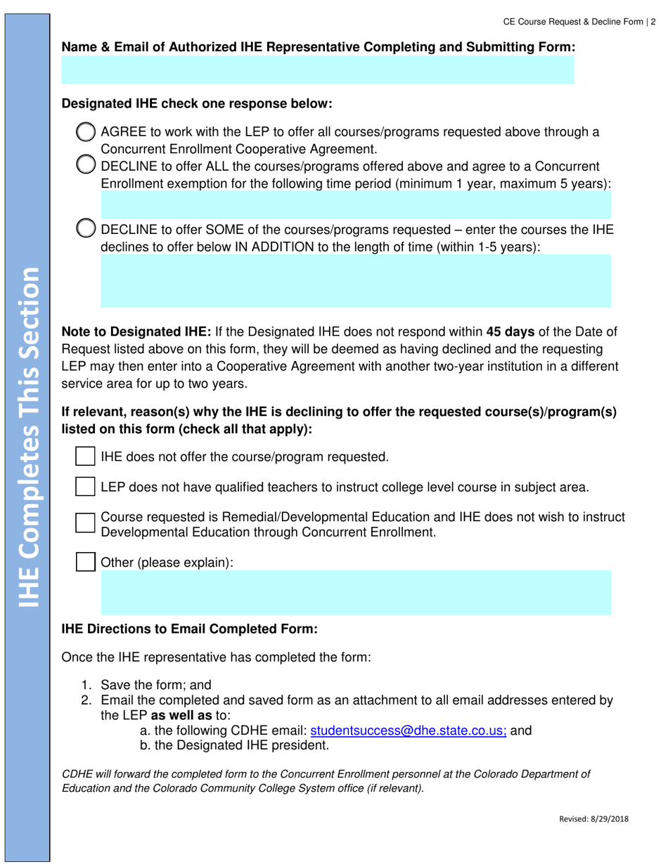 Concurrent Enrollment Course Request  Decline Form - Colorado, Page 2