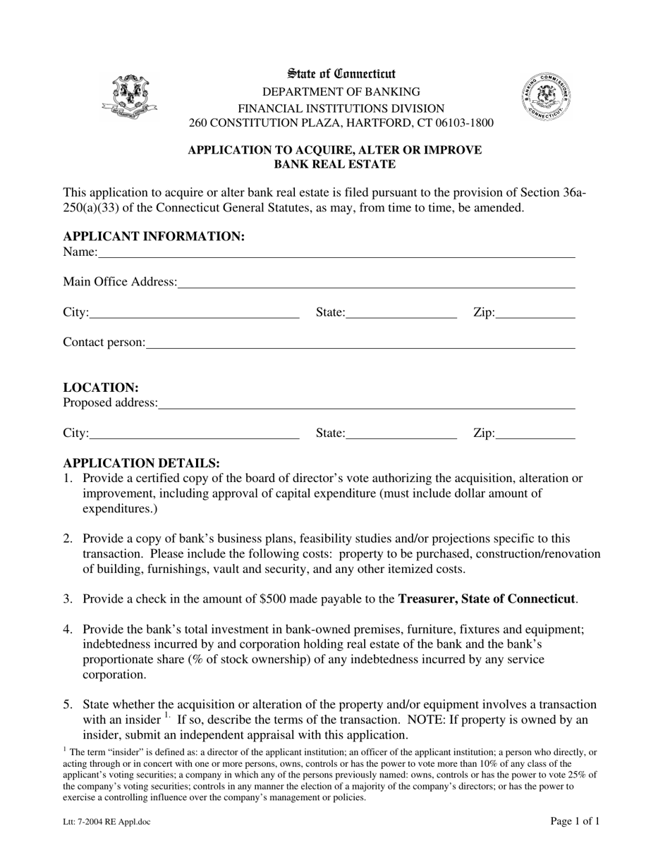Application to Acquire, Alter or Improve Bank Real Estate - Connecticut, Page 1