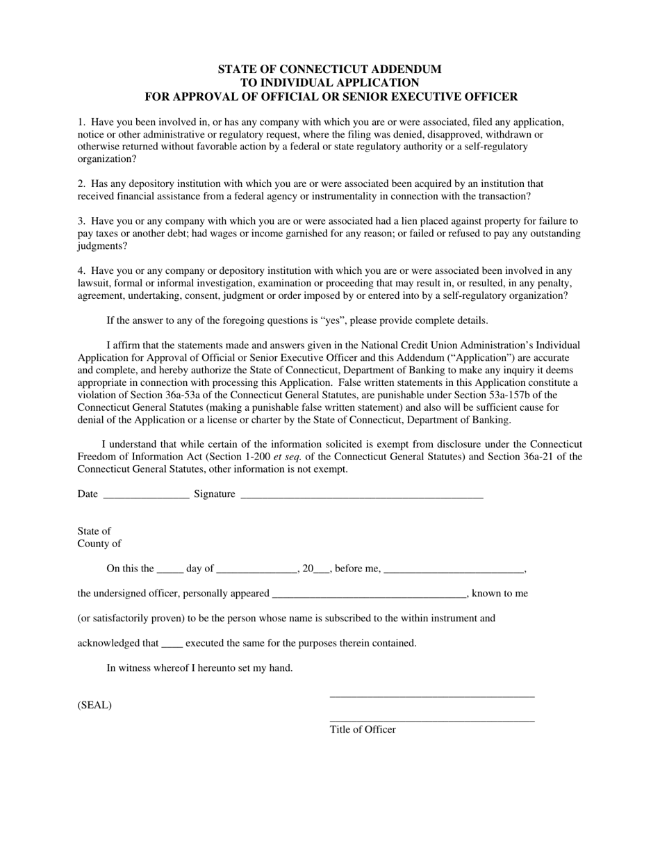 State of Connecticut Addendum to Individual Application for Approval of Official or Senior Executive Officer - Connecticut, Page 1