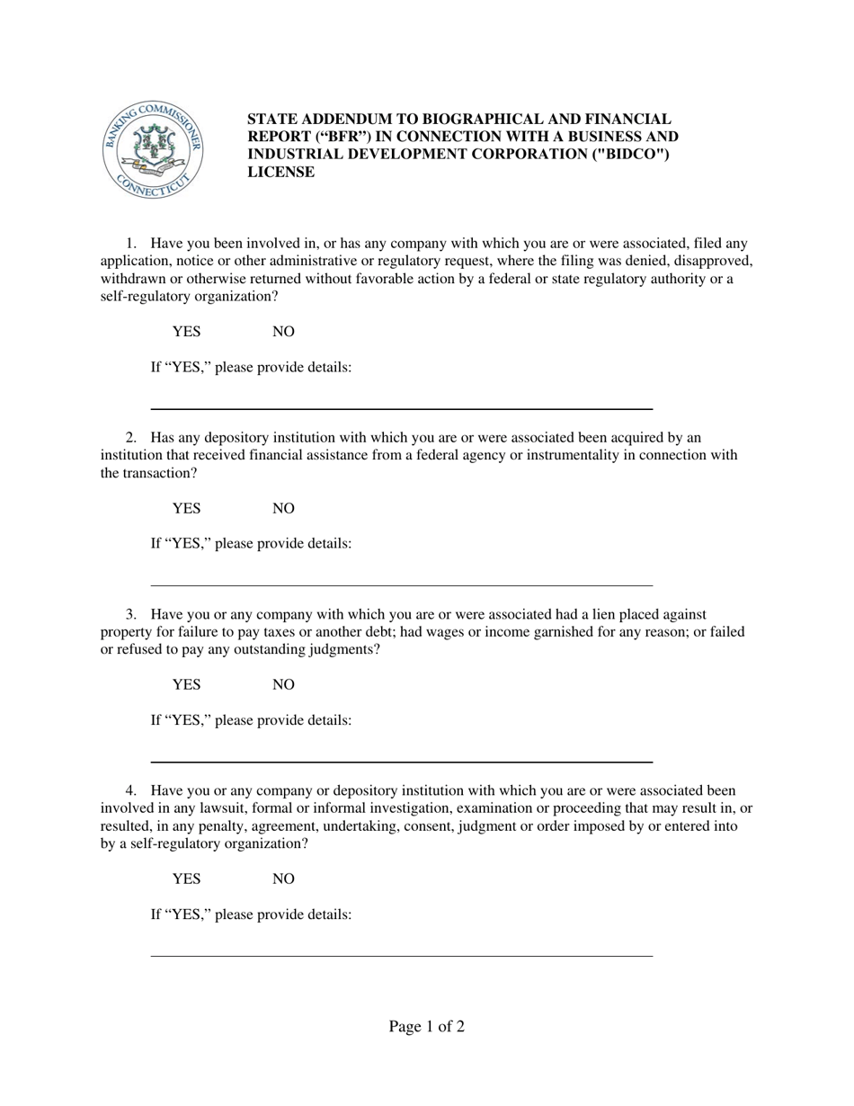 State Addendum to Biographical and Financial Report (Bfr) in Connection With a Business and Industrial Development Corporation (Bidco) License - Connecticut, Page 1