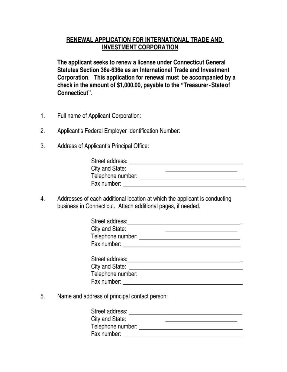 Renewal Application for International Trade and Investment Corporation - Connecticut, Page 1