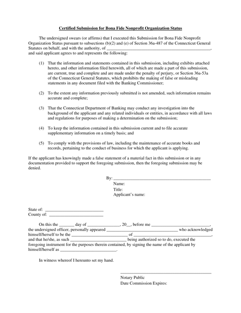 Certified Submission for Bona Fide Nonprofit Organization Status - Connecticut