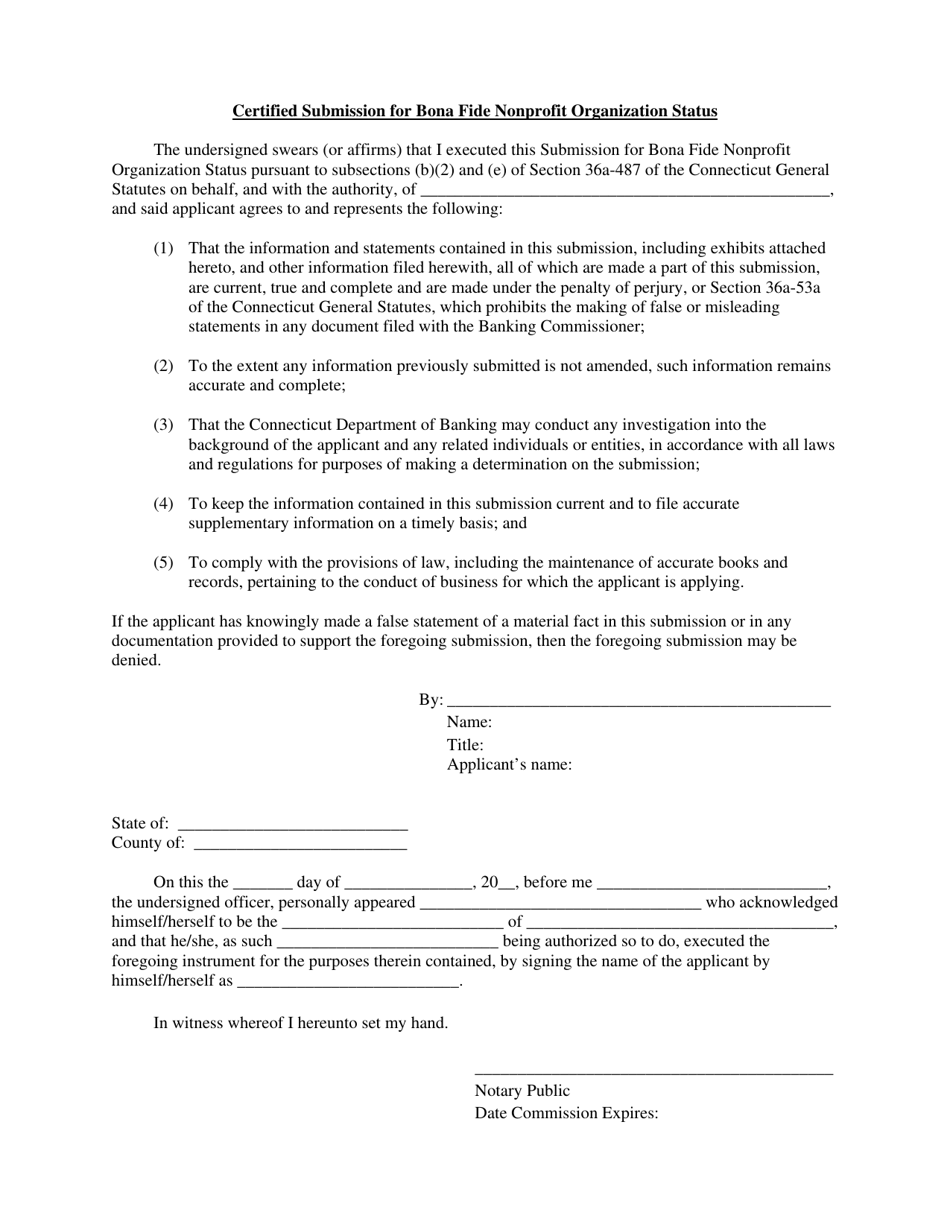 Certified Submission for Bona Fide Nonprofit Organization Status - Connecticut, Page 1