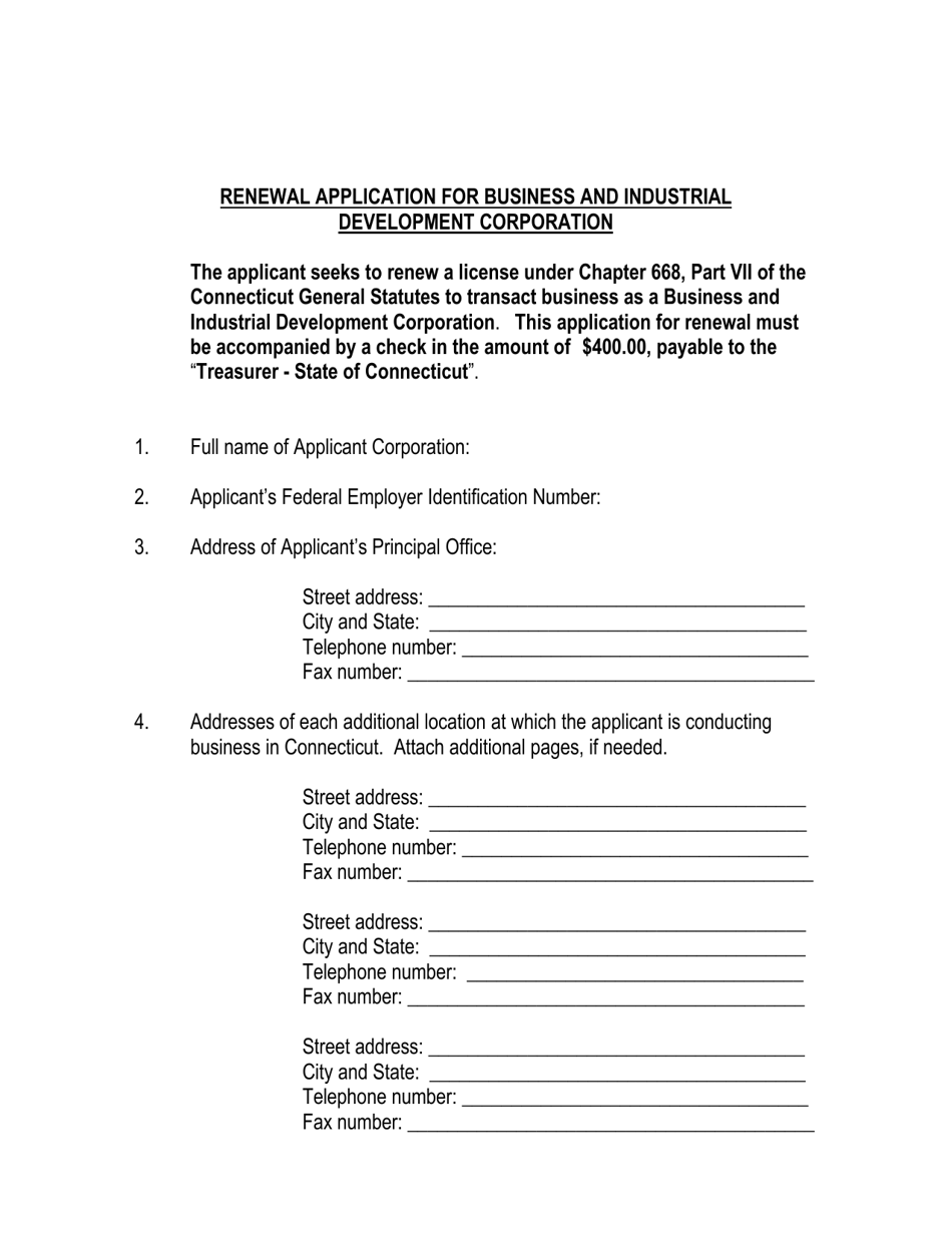Renewal Application for Business and Industrial Development Corporation - Connecticut, Page 1